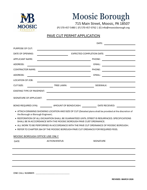 First page of the Pave Cut Permit Application