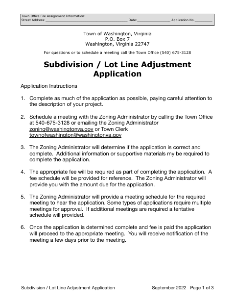 First page of the Subdivision / Lot Line Adjustment Application