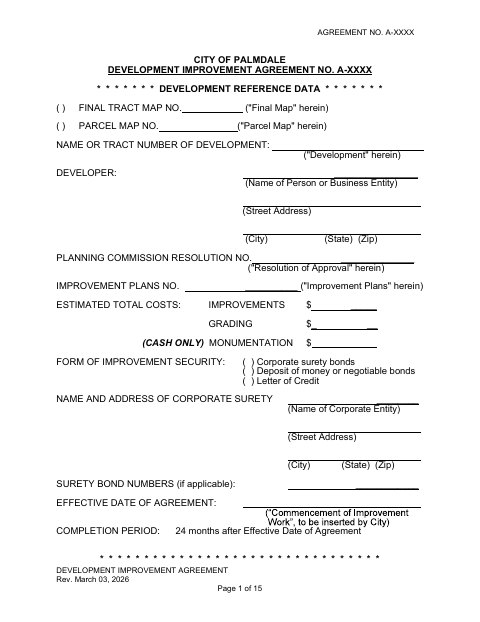 First page of the Development Improvement Agreement Template