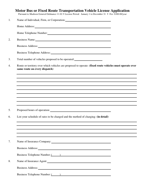 First page of the Motor Bus or Fixed Route Transportation Vehicle License Application