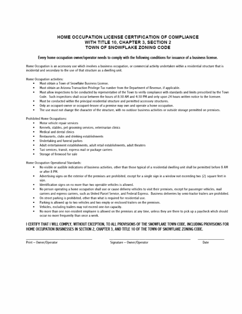 First page of the Home Occupation License Certification