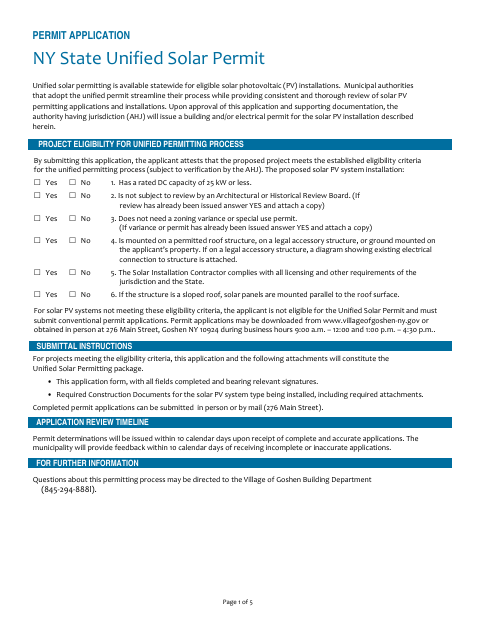 First page of the NY State Unified Solar Permit Application