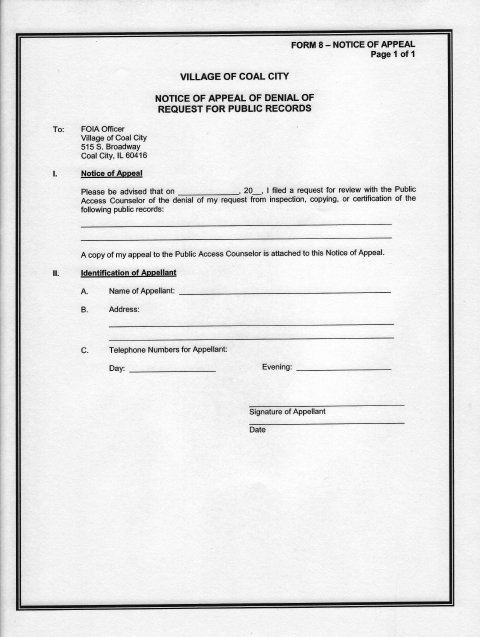 First page of the Notice of Appeal of Denial of Request for Public Records