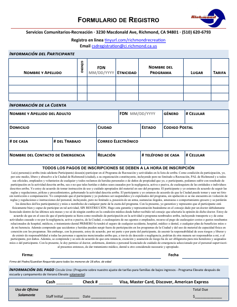 First page of the Recreation Registration Form (Spanish)