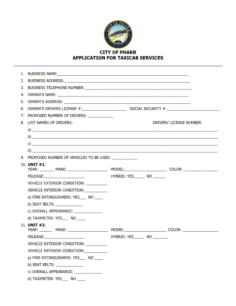 First page of the Application for Taxicab Services