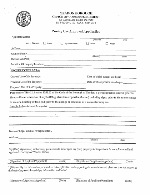 First page of the Zoning Use Approval Application