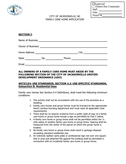 First page of the Family Care Home Application