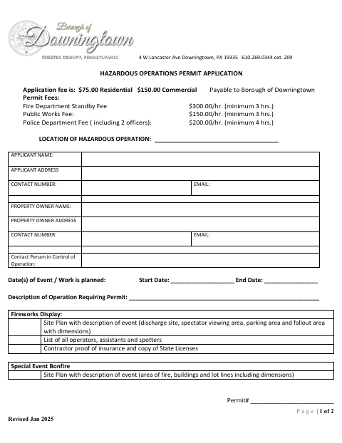 First page of the Hazardous Operations Permit Application