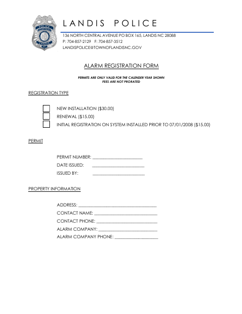 First page of the Alarm Registration Form