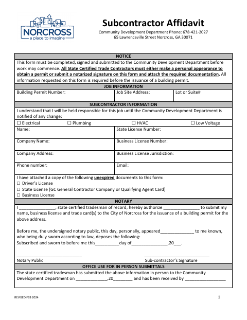 First page of the Subcontractor Affidavit