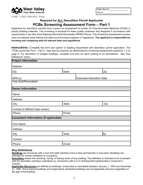 First page of the PCBs Screening Assessment Form – Part 1