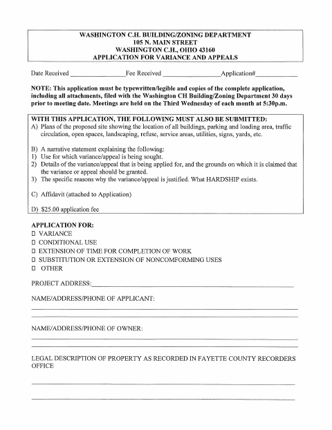 First page of the Application for Variance and Appeals