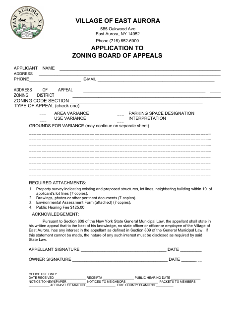First page of the Application to Zoning Board of Appeals