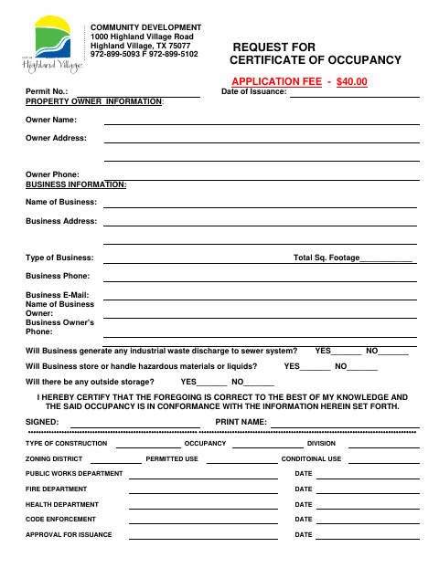 First page of the Request for Certificate of Occupancy Application