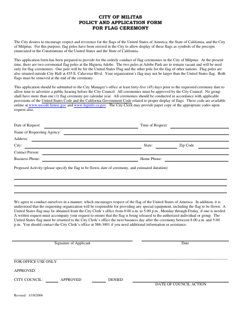 First page of the Policy and Application Form for Flag Ceremony