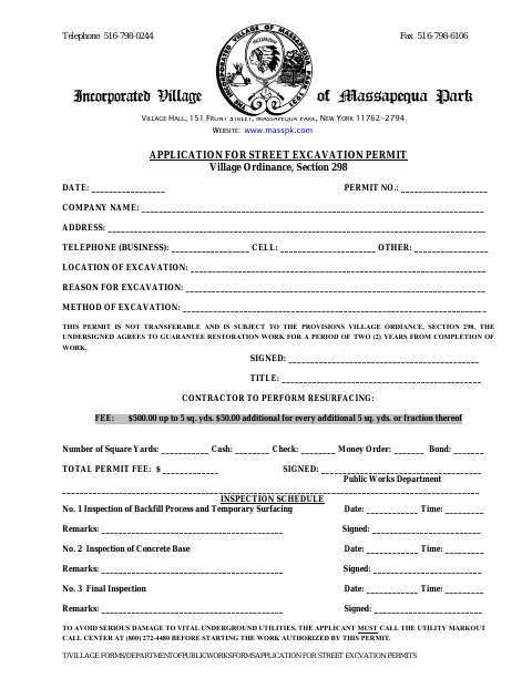 First page of the Application for Street Excavation Permit