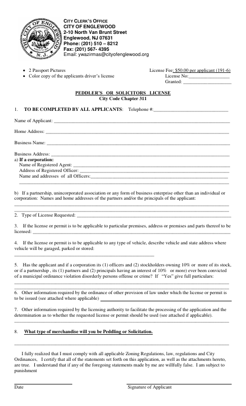 First page of the Peddler’s or Solicitors License