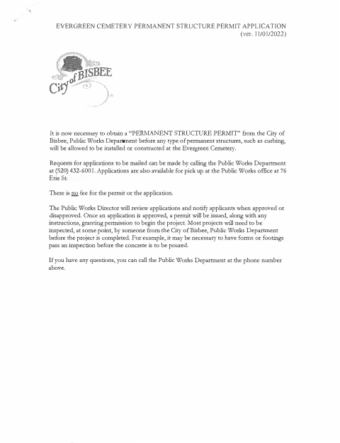 First page of the Evergreen Cemetery Permanent Structure Permit Application