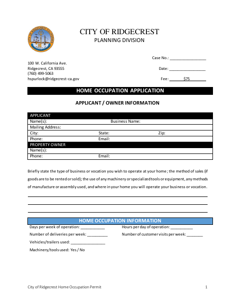 First page of the Home Occupation Permit