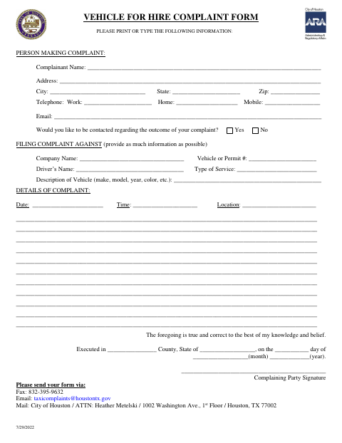 First page of the Vehicle for Hire Complaint Form