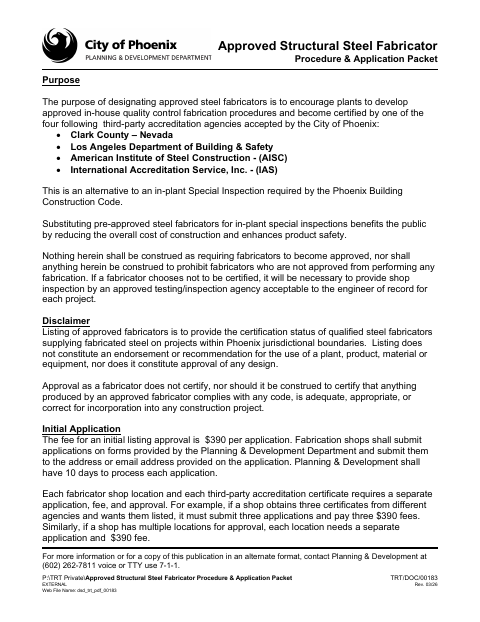 First page of the Approved Structural Steel Fabricator Procedure & Application Packet