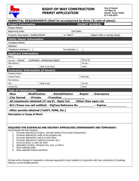 First page of the Right-of-Way Construction Permit Application