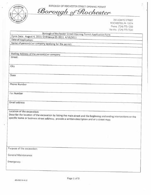 First page of the Street Opening Permit Application
