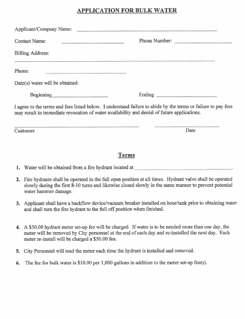 First page of the Bulk Water Application