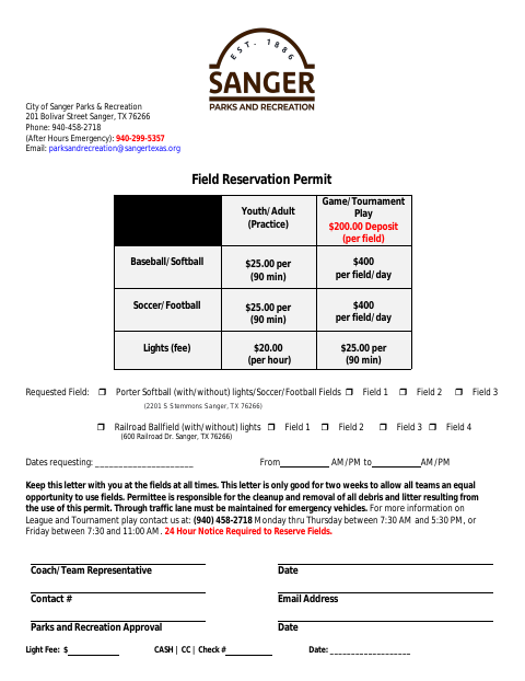 First page of the Field Reservation Permit