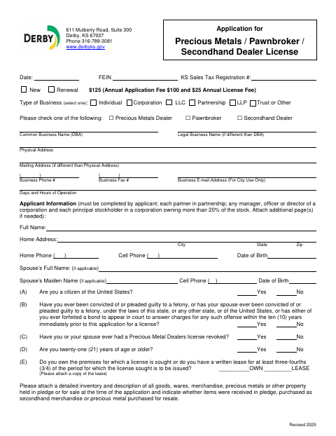 First page of the Precious Metals, Pawnbroker, and Secondhand Dealer License Application
