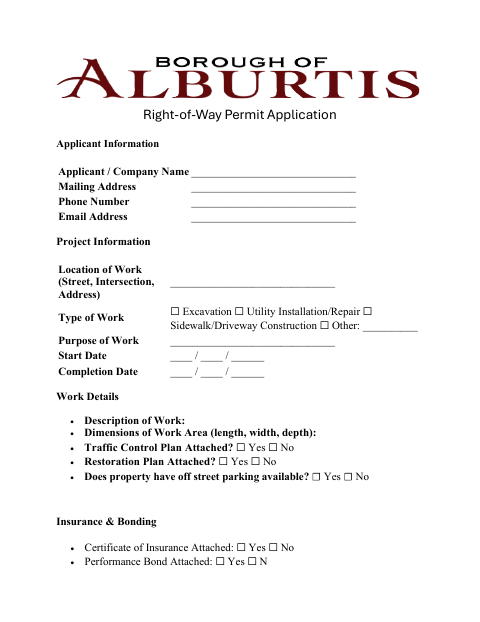 First page of the Right-of-Way Permit Application