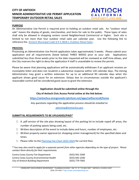 First page of the Temporary Outdoor Retail Sales Permit Application