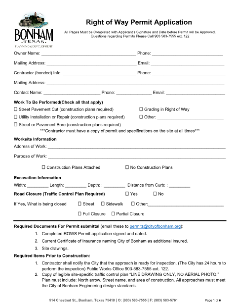 First page of the Right-of-Way Permit Application