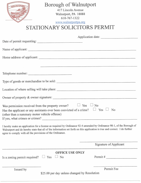 First page of the Stationary Solicitors Permit Application