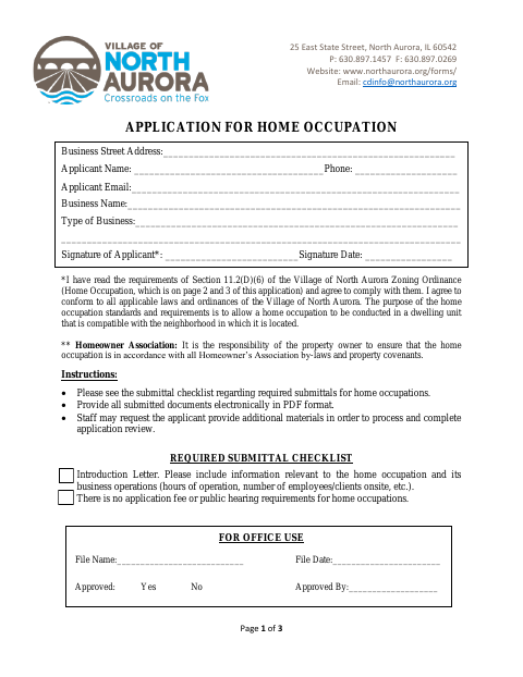 First page of the Application for Home Occupation