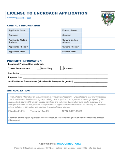 First page of the License to Encroach Application