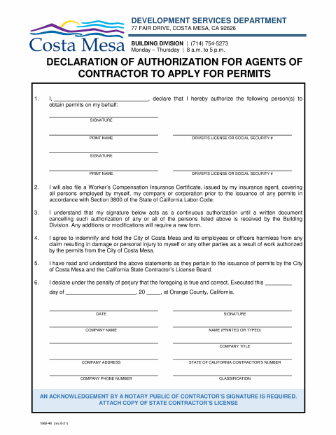 First page of the Declaration of Authorization for Agents of Contractor to Apply for Permits