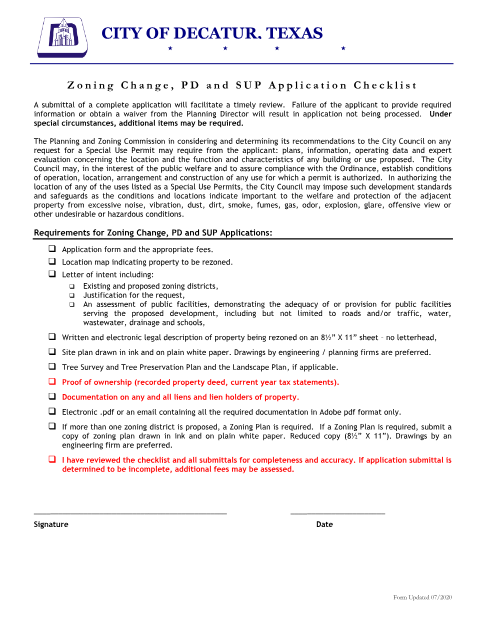 First page of the Zoning Change, PD and SUP Application Checklist