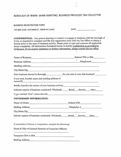 First page of the Business Registration Form