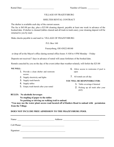 First page of the Shelter Rental Contract
