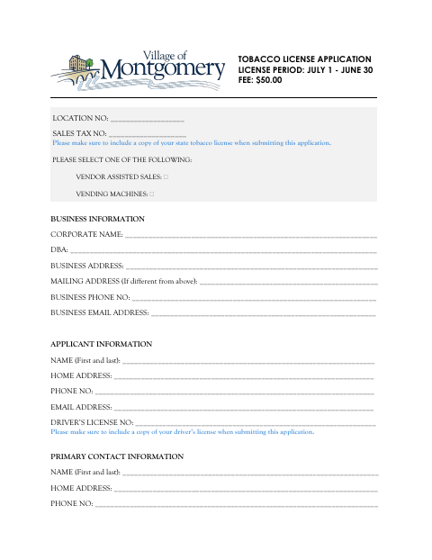 First page of the Tobacco License Application