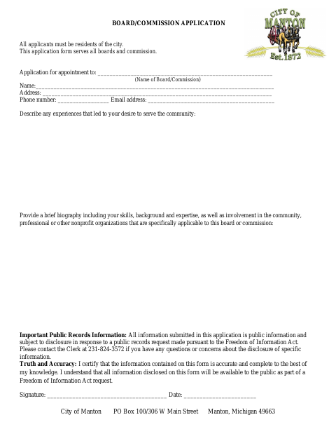 First page of the Board/Commission Application