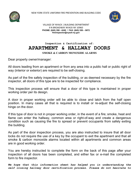 First page of the Apartment and Hallway Door, Smoke and Carbon Monoxide Alarm Certification