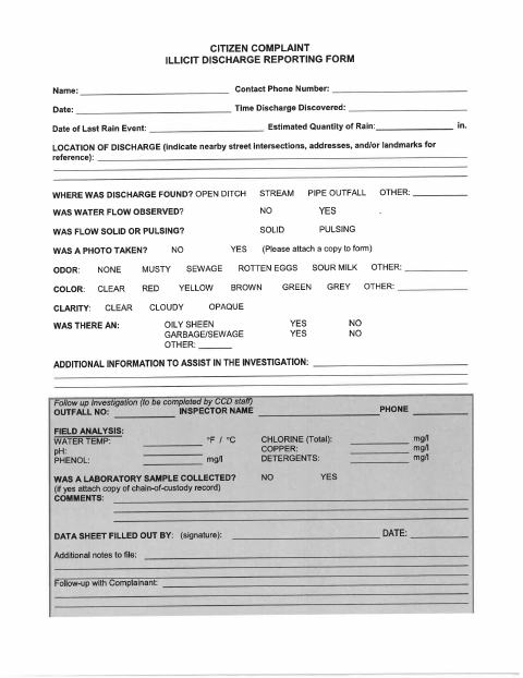 First page of the Citizen Complaint Illicit Discharge Reporting Form