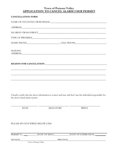 First page of the Application to Cancel Alarm User Permit