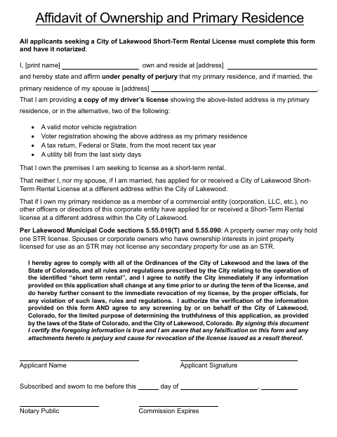 First page of the Affidavit of Ownership and Primary Residence