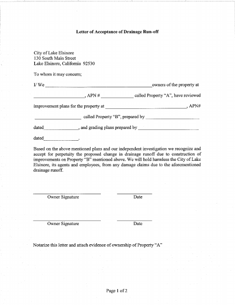 First page of the Letter of Acceptance of Drainage Run-Off