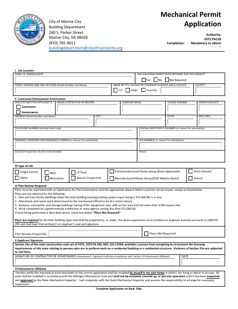 First page of the Mechanical Permit Application
