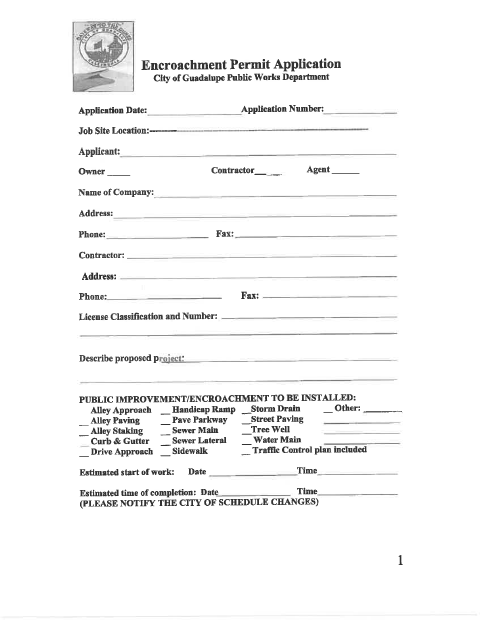 First page of the Encroachment Permit Application