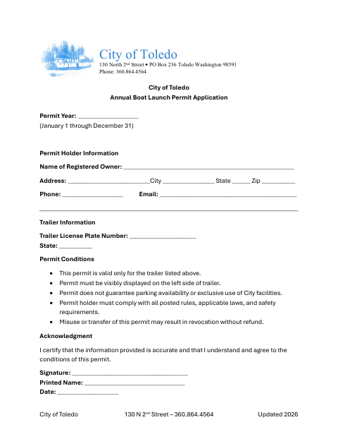 First page of the Annual Boat Launch Permit Application